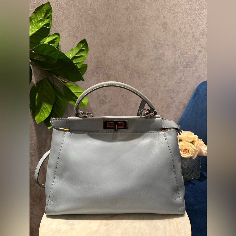 FENDI FF LOGO PALE BLUE LEATHER PEEKABOO CROSS BAG SILVER HW